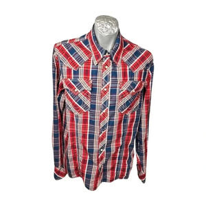 True Religion Mens Shirts Size XXL LS  Western Blue Red White Plaid Pearl